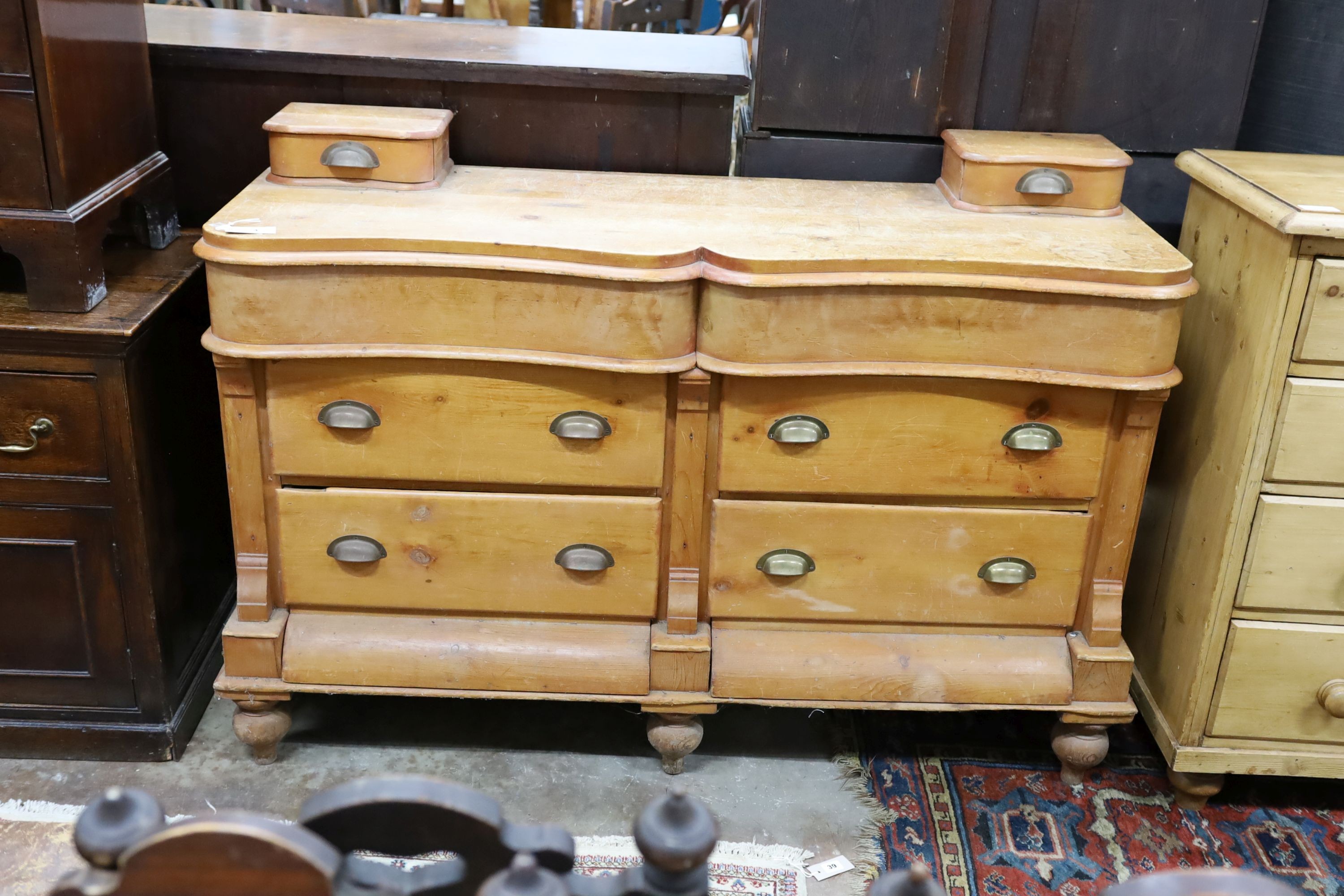 A Victorian pine shaped front low dresser, length 150cm, depth 51cm, height 102cm